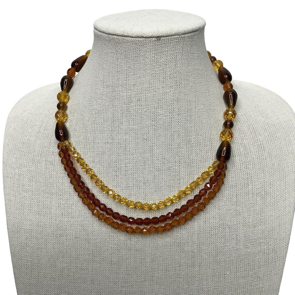 Vintage Festoon Necklace Triple Strand Faceted Honey & Bronze Glass Beaded 18"